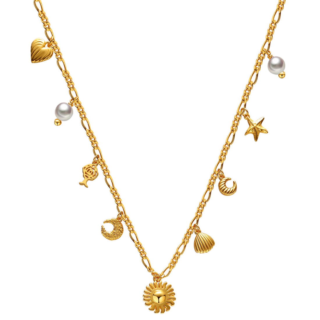 Oplev Ocean Heart Halskæde fra Pallantis Smykker – en 24 karat forgyldt sølvkæde med vedhæng som en sol, søstjerne, rose, muslingeskal, halvmåner og to ferskvandsperler. Inspireret af havets skønhed.
