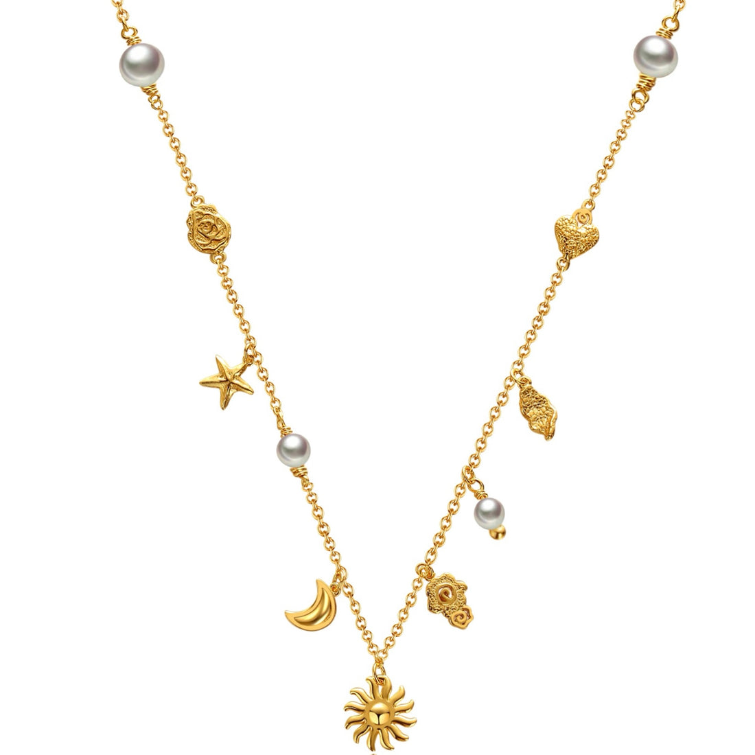 Ocean Secret Halskæde fra Pallantis Smykker har en guldkæde udsmykket med jævnt fordelte vedhæng – sol, måne, stjerne, rose, hjerte – og fine ferskvandsperler.