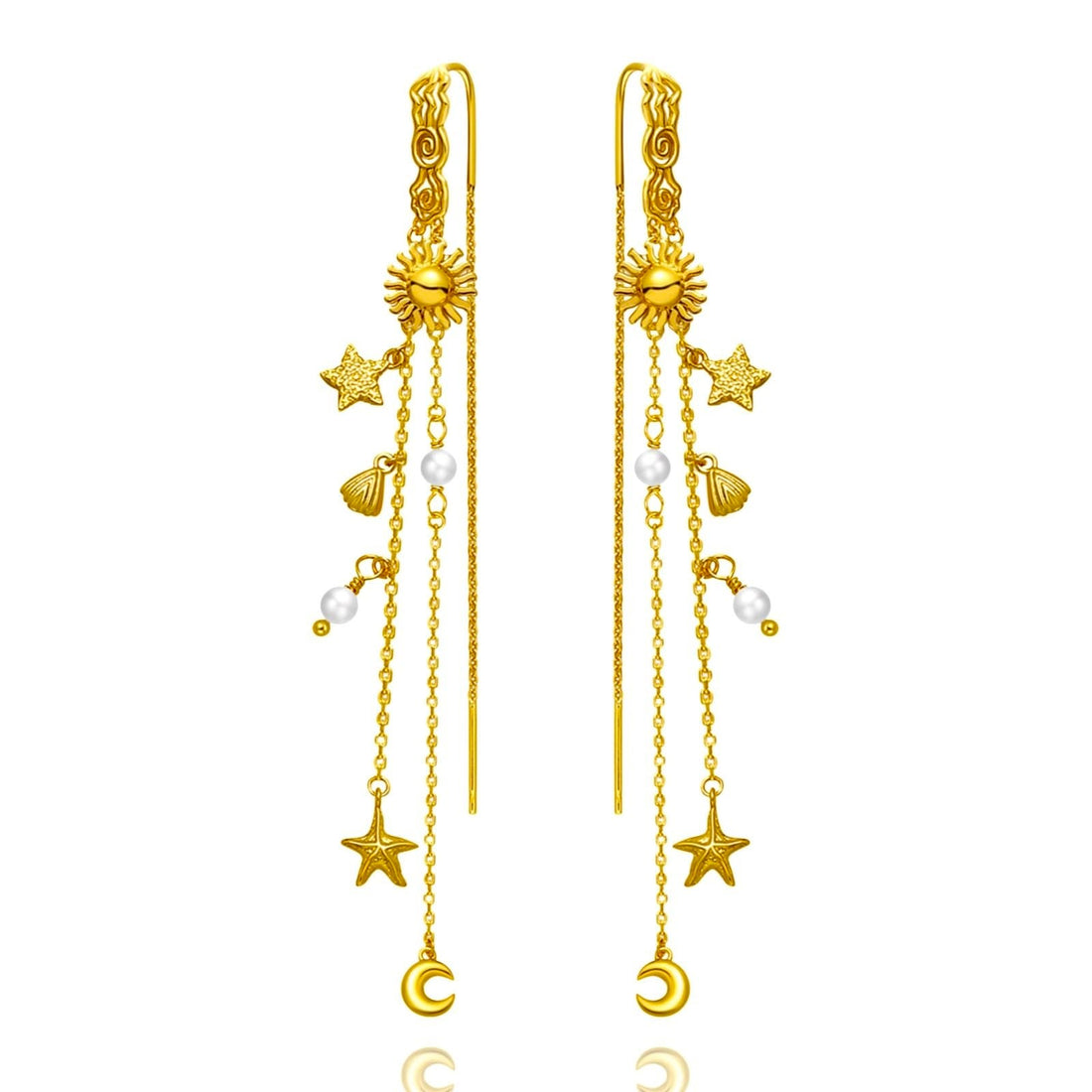 Pallantis Smykkers Ocean Dream Øreringe har guld-dangle-øreringe med sol-, stjerne-, måne-, skal- og perle charme på fine kæder i forgyldt sølv og prydet med ferskvandsperler.