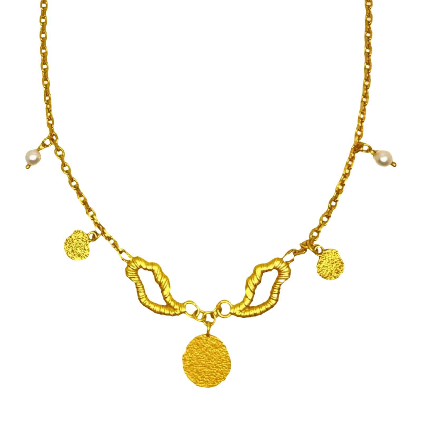Vinge Halskæde fra Pallantis har teksturerede cirkulære vedhæng inspireret af mønter, to abstrakte guldformer og to små perler på kæden. Det elegante, symmetriske design fremhæves af et centralt rundt vedhæng.